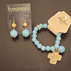 Francesca's turquoise earrings and Atelier turquoise stretch bracelet with cross